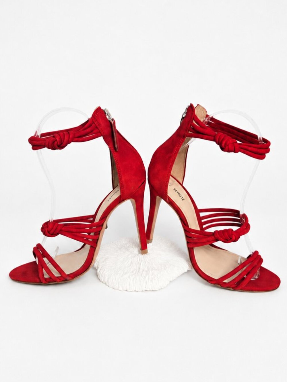 Schutz Suely Tango Red Suede Knotted Strappy Stiletto Sandal Back Zip Size 6 NIB